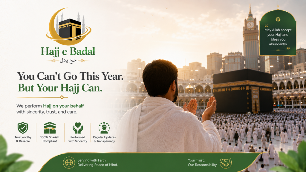 Islamic scholar performing a complete proxy Hajj Badal Hajj including all pillars and rituals in Makkah and Mina on behalf of a person unable to attend