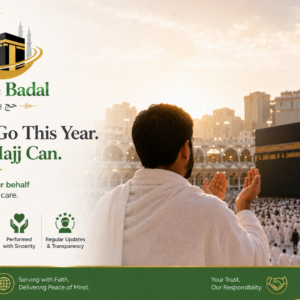 Islamic scholar performing a complete proxy Hajj (Badal Hajj) including all pillars and rituals in Makkah and Mina on behalf of a person unable to attend