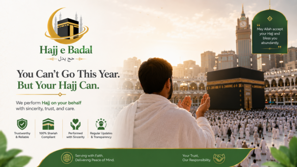 Islamic scholar performing a complete proxy Hajj (Badal Hajj) including all pillars and rituals in Makkah and Mina on behalf of a person unable to attend