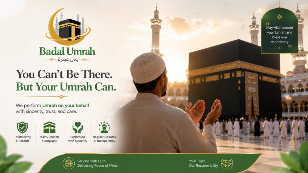 A certified Islamic scholar performing proxy Umrah Umrah Badal on behalf of a deceased or ill Muslim at the Kaaba in Makkah