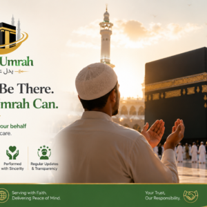 A certified Islamic scholar performing proxy Umrah (Badal Umrah) on behalf of a deceased or ill Muslim at the Kaaba in Makkah