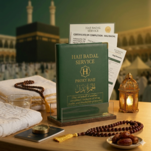 Islamic scholar performing a complete proxy Hajj (Badal Hajj) including all pillars and rituals in Makkah and Mina on behalf of a person unable to attend