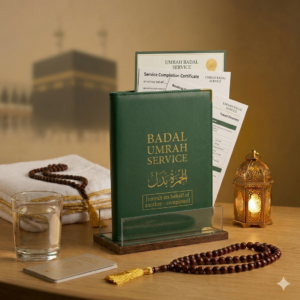 A certified Islamic scholar performing proxy Umrah (Badal Umrah) on behalf of a deceased or ill Muslim at the Kaaba in Makkah
