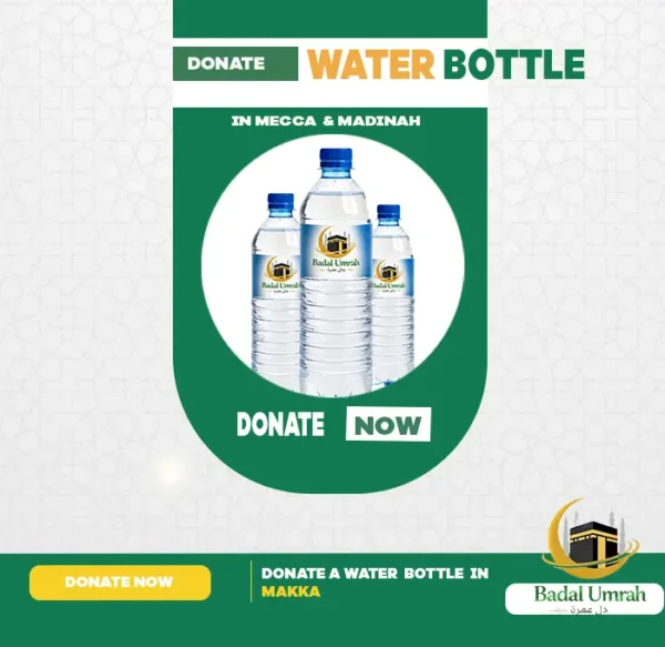 Cold water bottles being distributed to pilgrims performing Tawaf and rituals at Masjid al-Haram in Makkah as charitable sadaqah donation