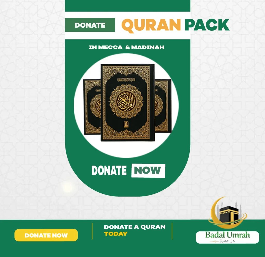 Quran Donation in Mecca. Copies of the Holy Quran being distributed to pilgrims inside Masjid al-Haram in Makkah as Sadaqah Jariya on behalf of a donor or deceased loved one