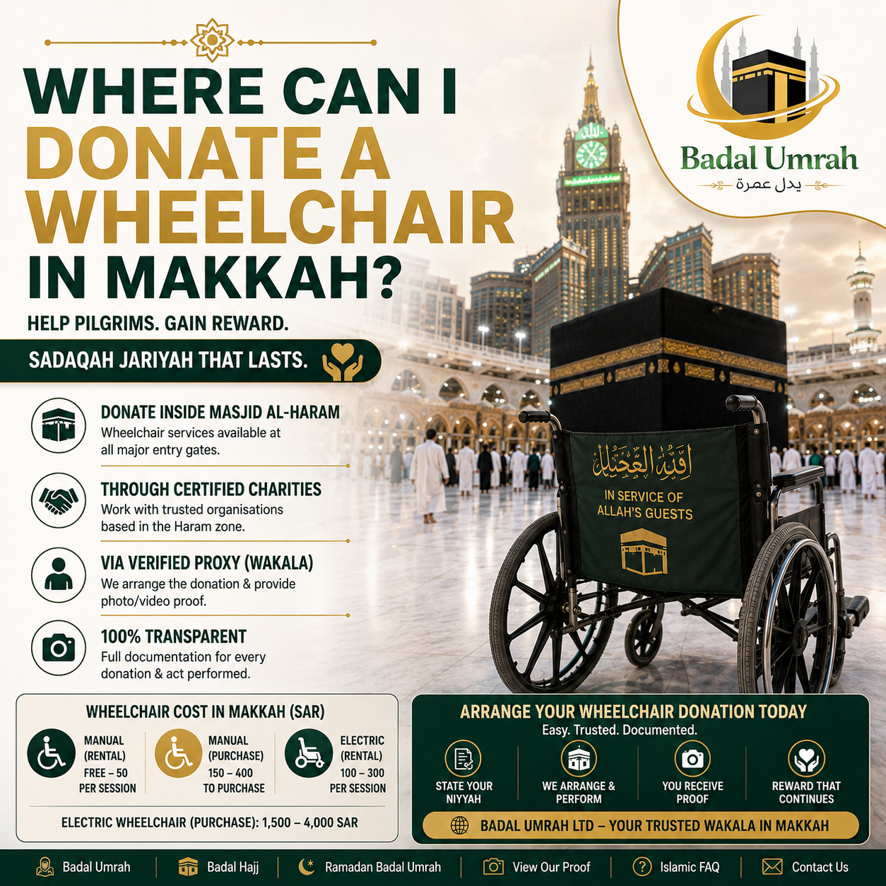 where can I donate a wheelchair in Makkah. Badal Umrah LTD help you to make this type of donation Possible