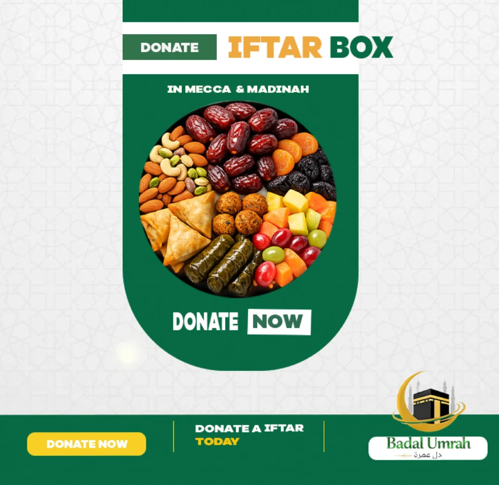 Iftar meals being distributed to fasting pilgrims outside Masjid al-Haram in Makkah as charitable donation on behalf of a Muslim donor