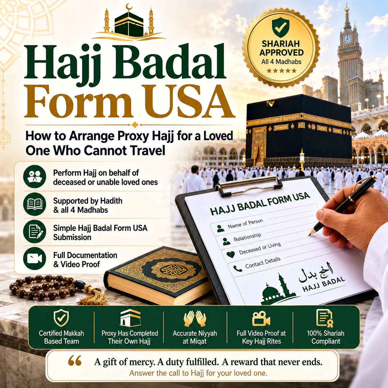 Looking for the hajj badal form USA? Learn the Islamic ruling, conditions, and step-by-step process to arrange Shariah-compliant Badal Hajj for a deceased or unable loved one. (154 chars)